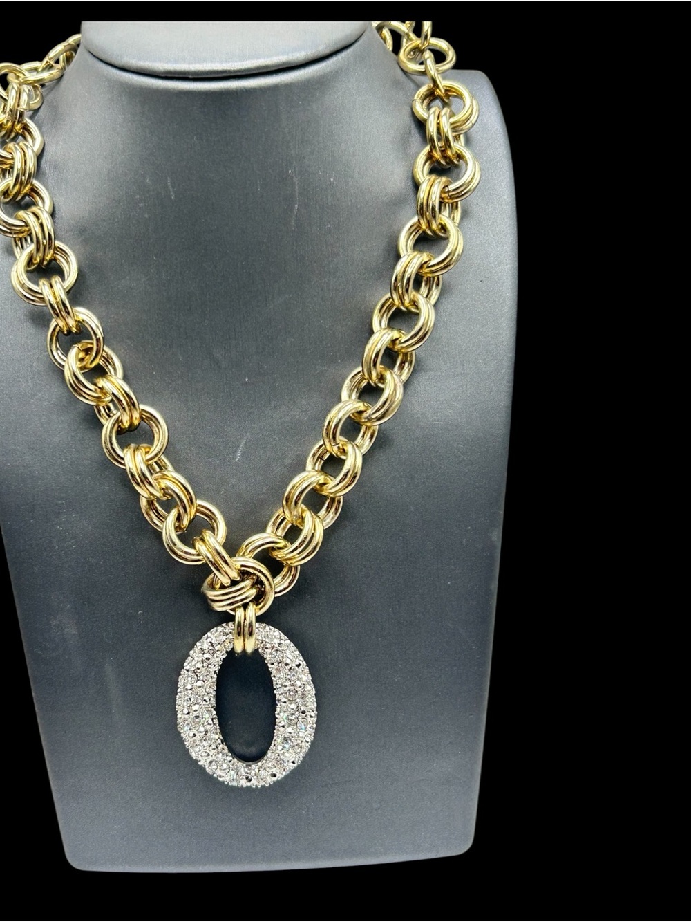 Vintage Graziano Rhinestone Medallion Link Chain Necklace 1980’s New Old Stock